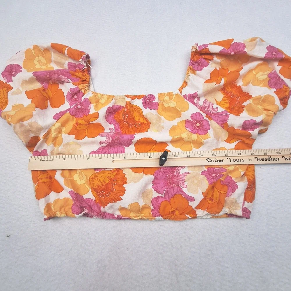 Cynthia Rowley Crop Top Womens Medium Orange Floral Linen Blend Puff Sleeve Boho - Picture 4 of 8